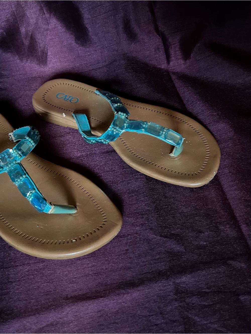 Cato Teal Jeweled Toe-Post Sandals for Women